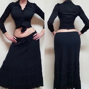 Vintage 60s Another I Black Sheer Dagger Collar Blouse Lace Tie-Waist Maxi Skirt